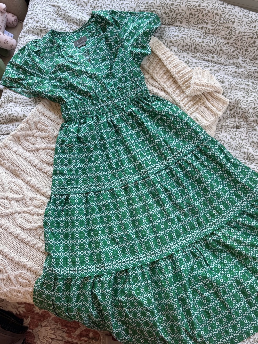Anthropologie Green Geometric Printed Tiered Maxi Dress with Elastic Waist